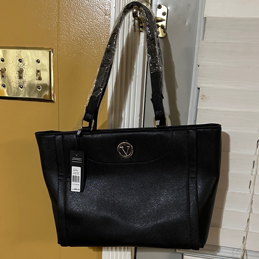Structured Black Tote with Gold Emblem